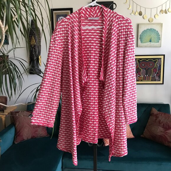 SOLE DIONE STUDIO size L Red & White Print Puckered Texture Draping Cardigan Top - Picture 1 of 4